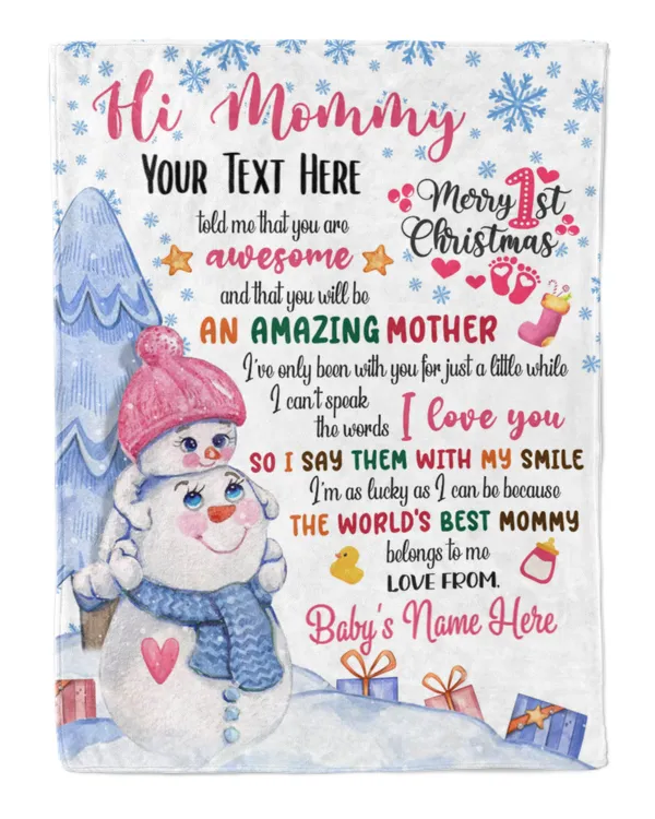 Personalized Hi MOMMY  Cute Baby Girl with Snowman,  1st Chritmas Gift from Grandma and baby for Newmom, First Christmas gifts.