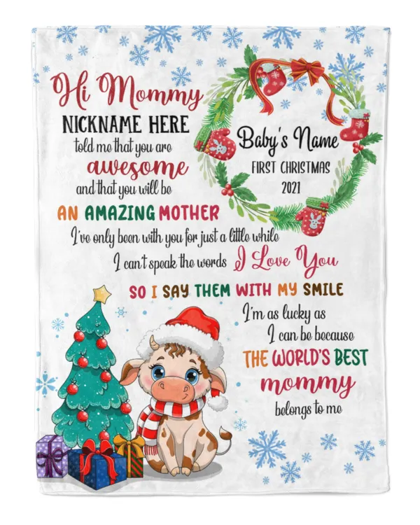 Personalized Hi MOMMY  Cute Cow Baby ,  1st Chritmas Gift from Grandma and baby for Newmom, First Christmas gifts.