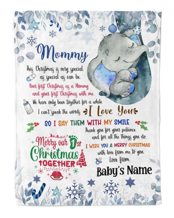 Personalized  Name Blanket Cute Elephant Baby ,  1st Chritmas Gift  for Mom and baby.  First Christmas gifts.