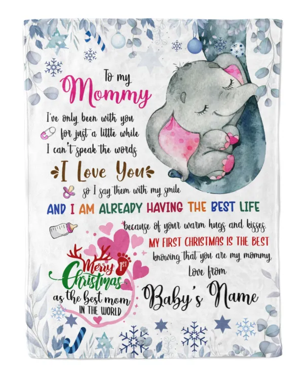 Personalized Name Blanket Cute Elephant Baby Boy ,  1st Chritmas Gift  for Mom and baby.  First Christmas gifts as Mom Gift, Baby first Christmas.