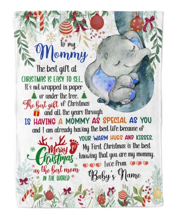 Personalized Name Blanket Cute Elephant Baby Boy ,  1st Chritmas Gift  for Mom and baby.  First Christmas gifts as Mom Gift, Baby first Christmas.