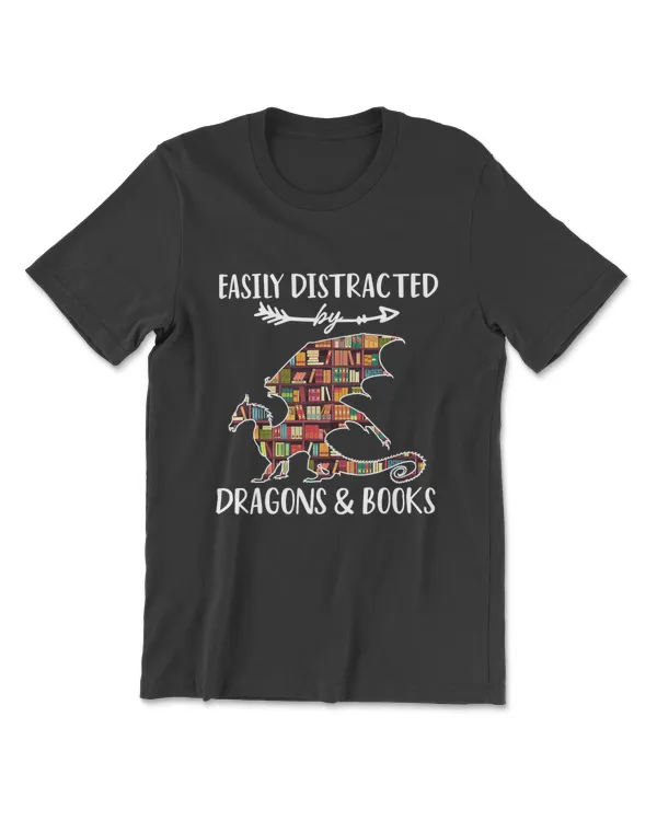 Easily Distracted By Dragon And Books Nerds T-Shirt