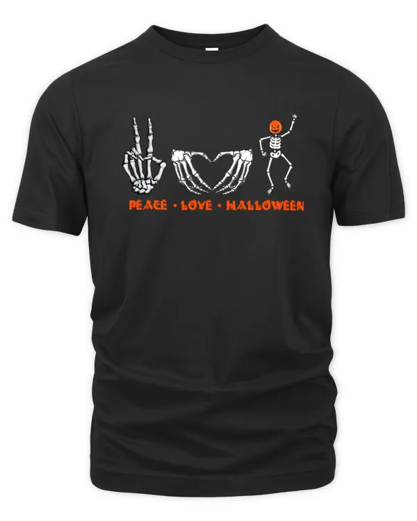 Skeleton Peace Love Halloween with Scary Pumpkin