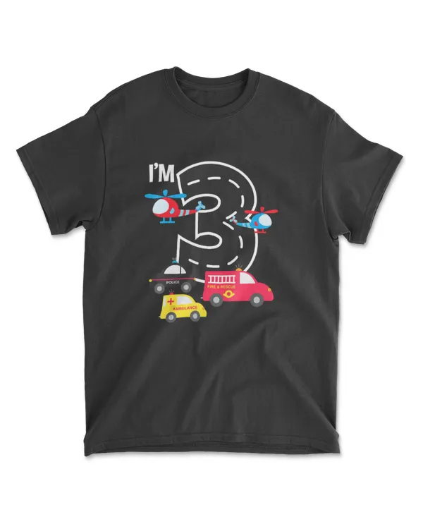 3rd Birthday Fire Truck Police Car Ambulance 3 Year Toddler T-Shirt
