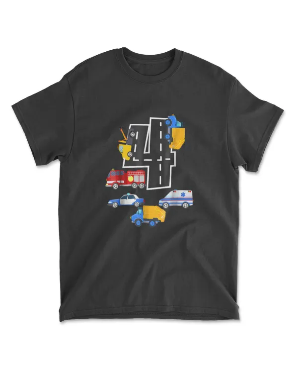 4th Birthday Boys Fire Truck Police Car T-Shirt 4 Year Old