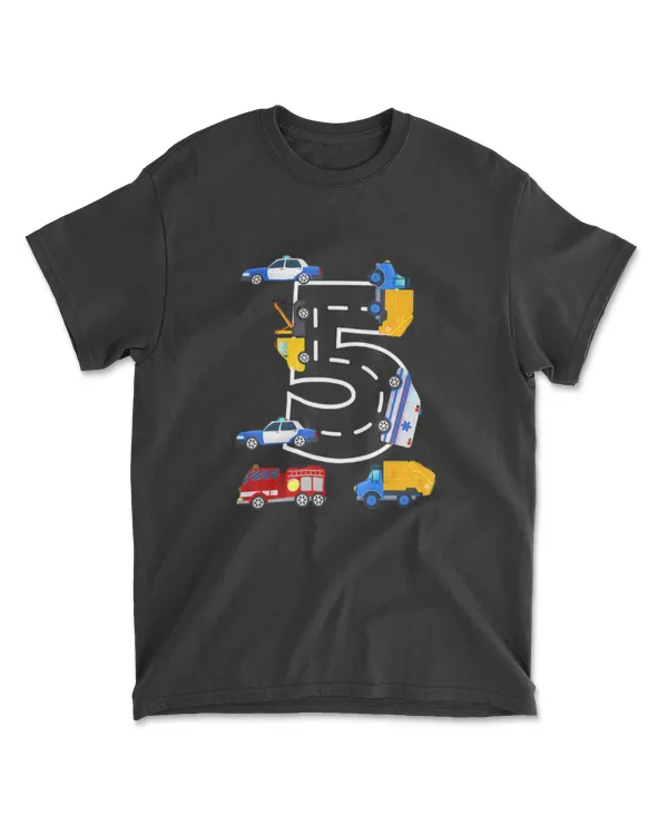 5th Birthday Boys Fire Truck Police Car 5 Year Old T-Shirt