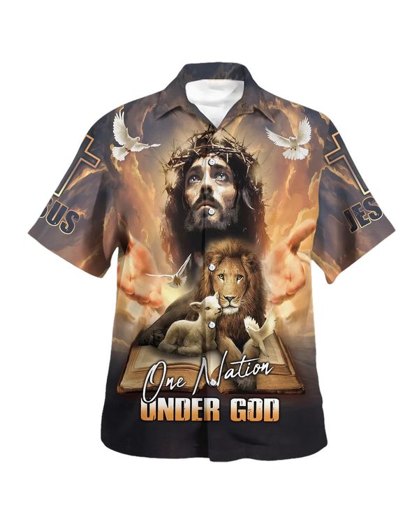 One Nation Under God Jesus Lion Cross Hawaiian Shirt - Christian Hawaiian Shirt - Religious Hawaiian Shirts