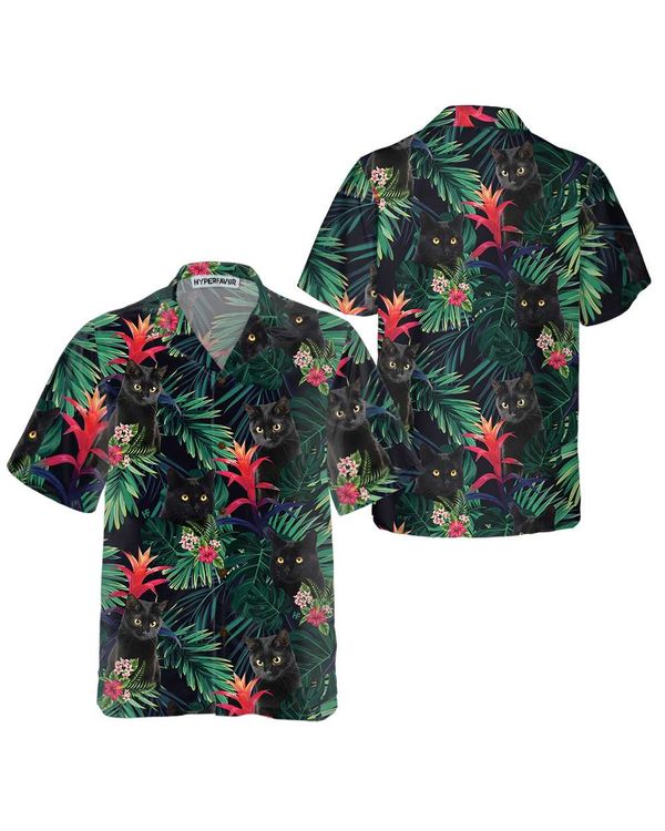 Black Cat And Tropical Pattern Hawaiian Shirt, Funny Black Cat Shirt For Adults, Cat Themed Gift For Cat Lovers