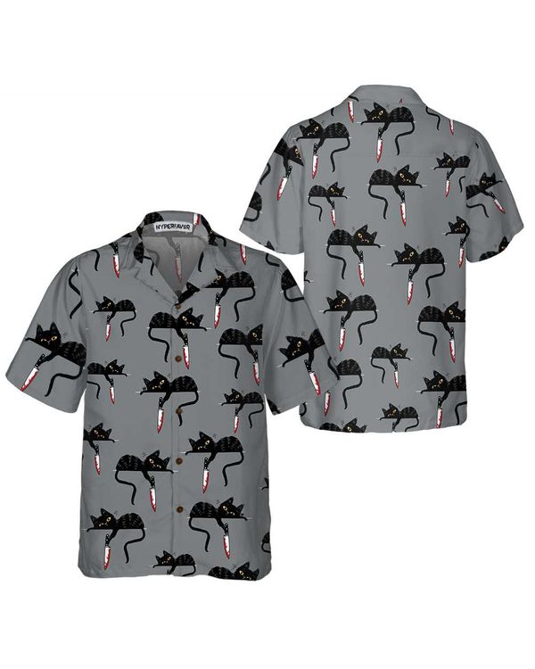 Black Cat With Knife Hawaiian Shirt, Funny Black Cat Shirt For Adults, Cat Themed Gift For Cat Lovers
