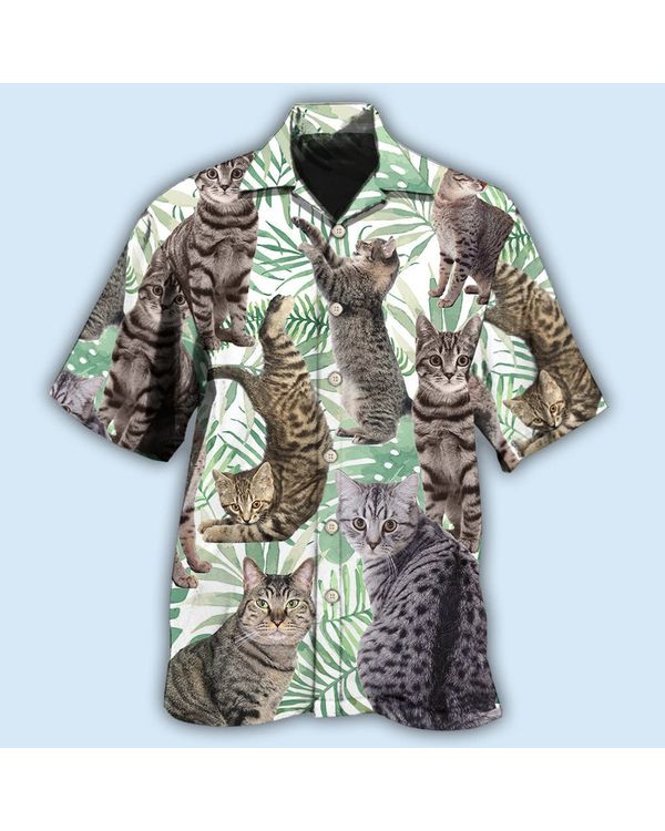Tropical Leaf Tabby Cat Hawaiian Shirt, Shirt For Cat Lovers, Cat Hawaiian Shirt