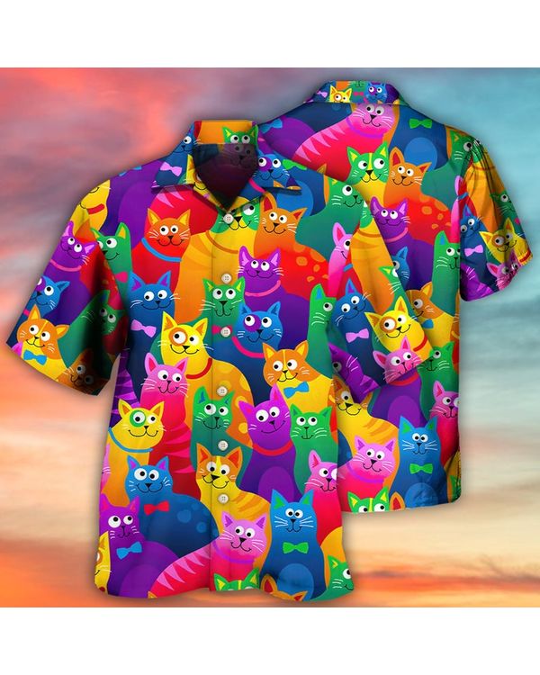 Hawaiian Shirt With Funny Colorful Cat Pattern, Cat Lovers Hawaiian Shirt
