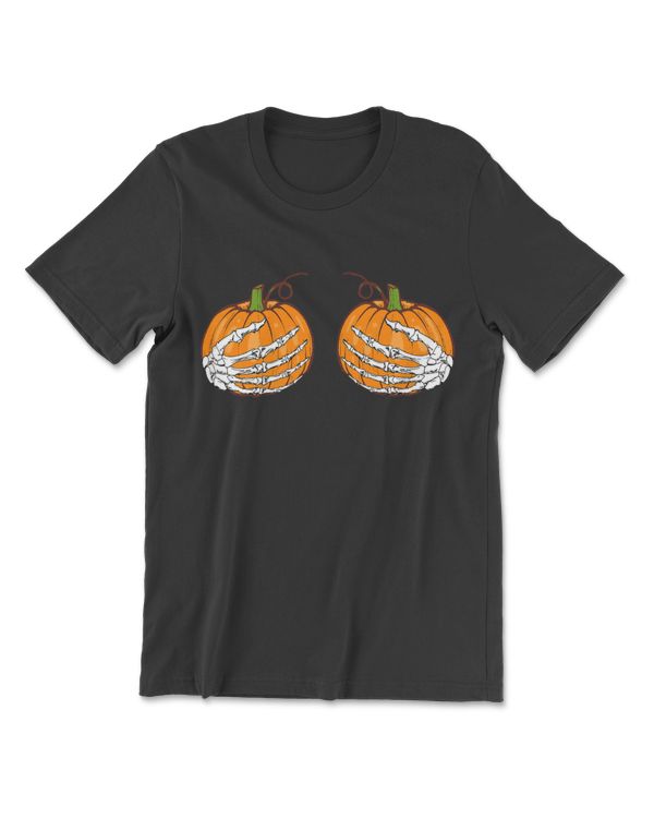 Skeleton Hands Holding Pumpkins Boobs Funny Adult Halloween T-Shirt