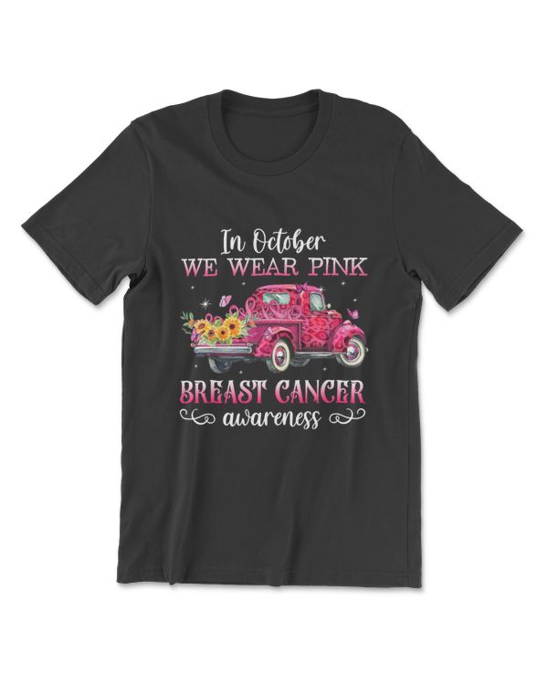In October We Wear Pink Ribbon Leopard Truck Breast Cancer T-Shirt