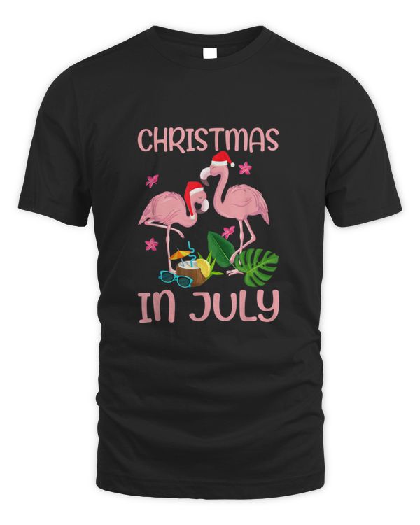 Christmas In July Pink Flamingo Wearing Santa Hat T shirt