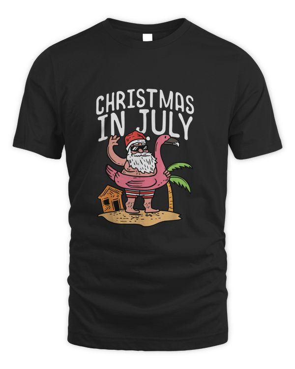 Christmas In July Santa Flamingo Floater Funny Summer Gift T shirt