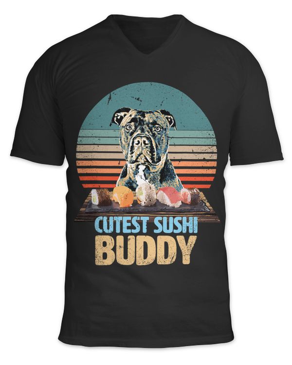 Funny Staffordshire Terrier loves sushi at Christmas
