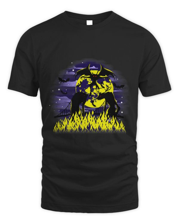 Cryptid Group in Flames Yellow Full Moon Mothman Folklore