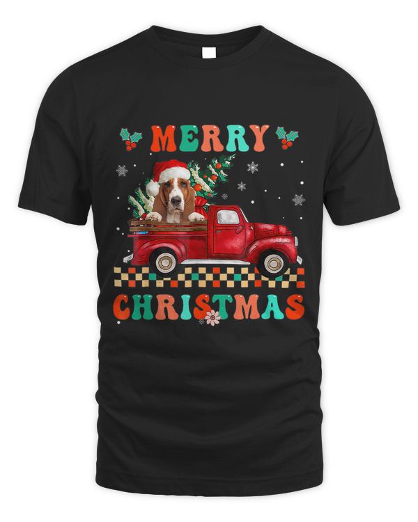 Dog Basset Hound Riding Red Truck Christmas Pajama