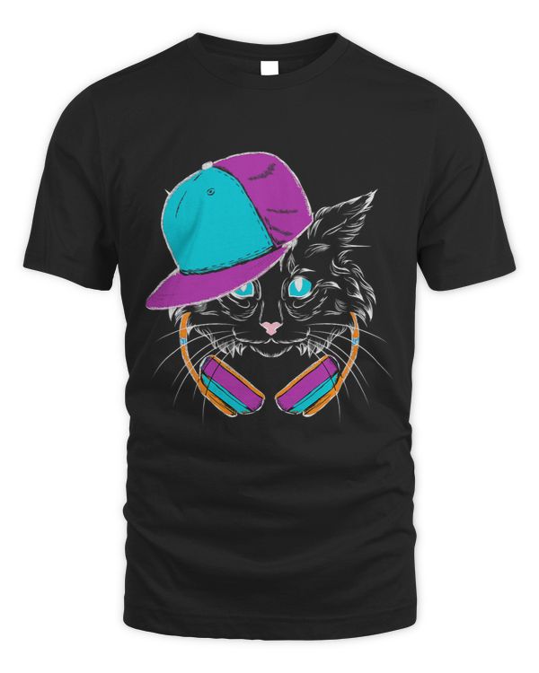 Cat With Headphones 80s Costume EDM Music Im With The DJ