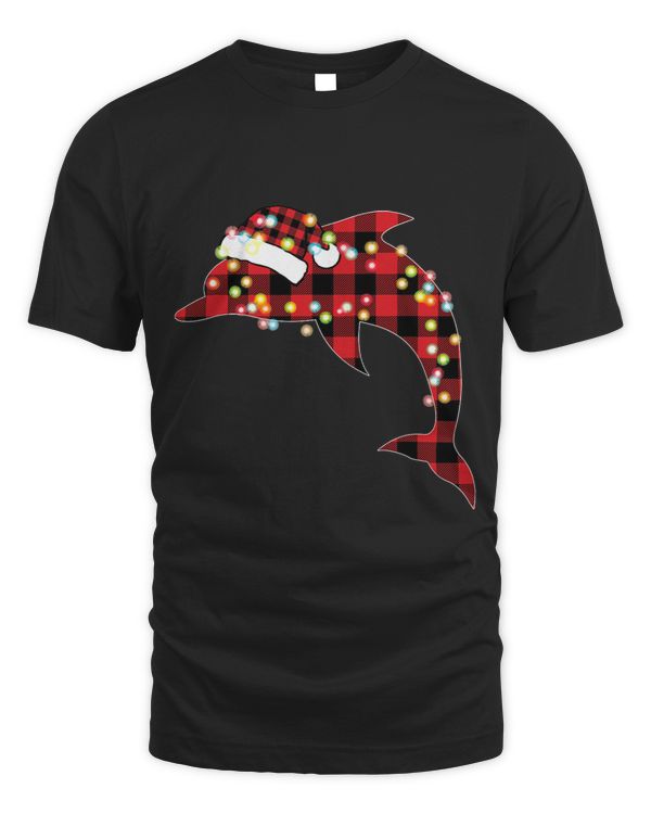 Dolphin Lover Red Plaid Buffalo Dolphin Christmas Lights Pajamas Xmas