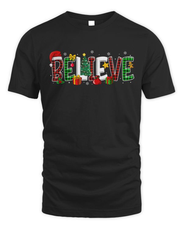 Believe Christmas Leopard Buffalo Red Plaid For Men Women T-shirt