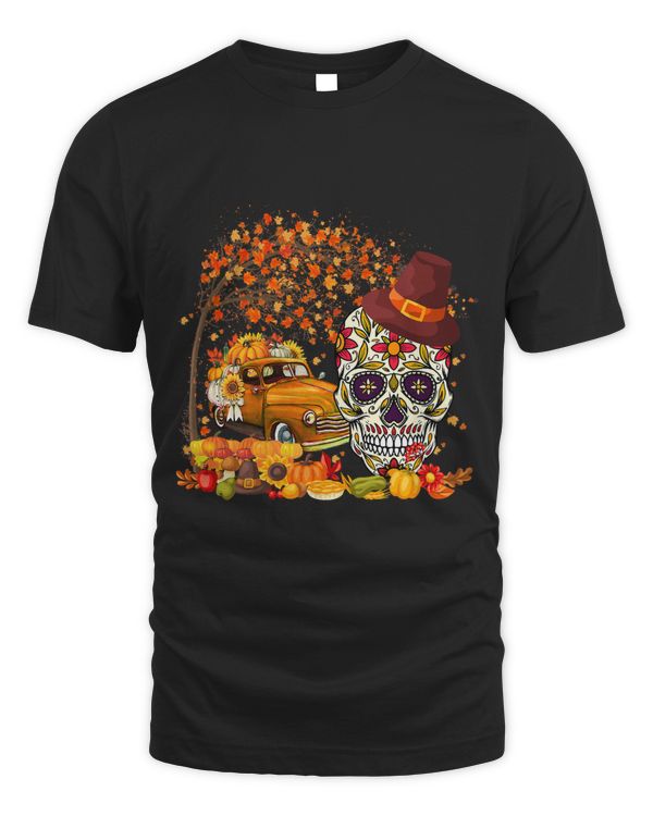 Floral Skull Fall Tree Truck Carrying Sunflowers Pumpkins