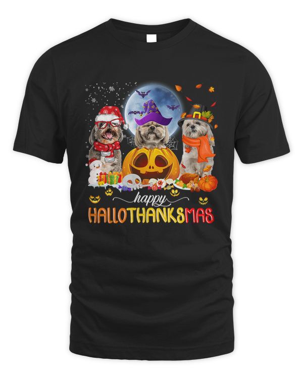 Happy Hallothanksmas Shih Tzu Pumpkin Maple Leaf Santa Hat496
