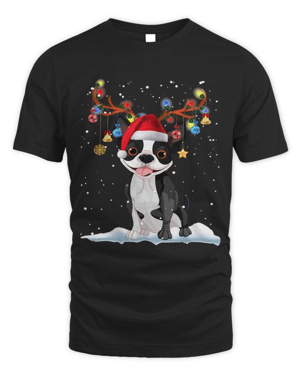 Cute Boston Terrier Reindeer Light Christmas137