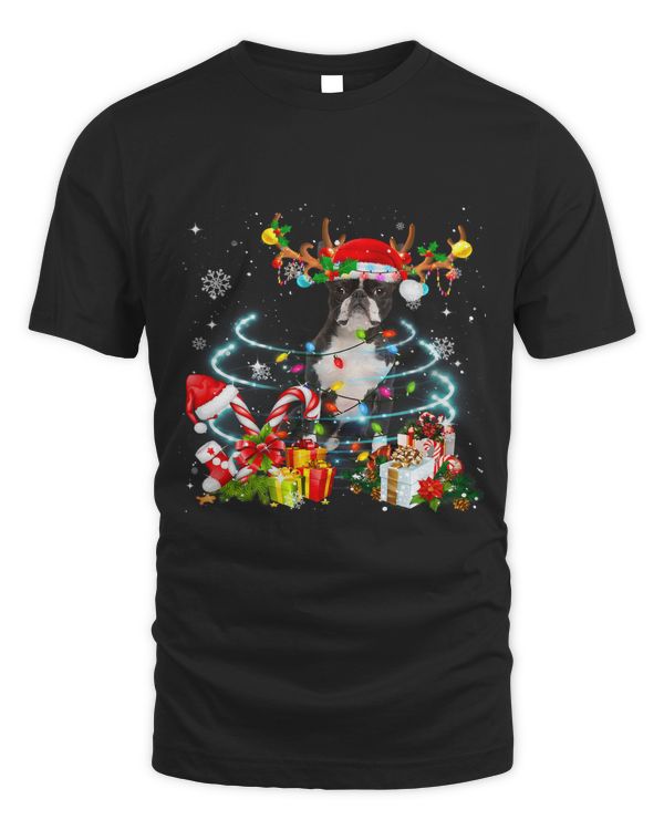 Boston Terrier Reindeer Christmas Tree Lights Pajama Xmas 217