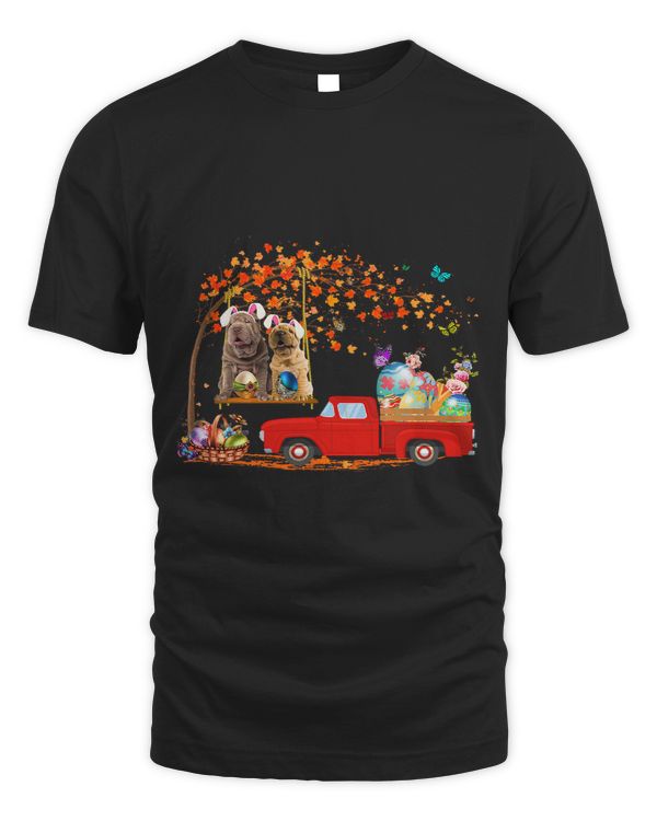 Shar Pei Wearing Bunny Ear Red Truck With Eggs