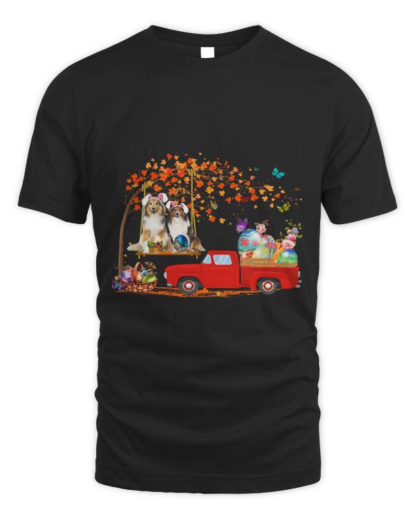 Shetland Sheepdog Wearing Bunny Ear Red Truck With Eggs