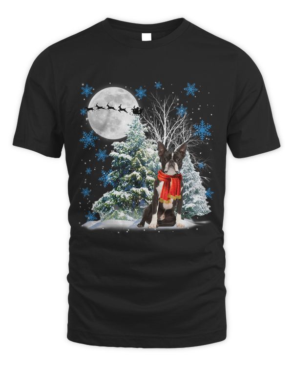 Boston Terrier Under Moonlight Snow Christmas Pajama 134