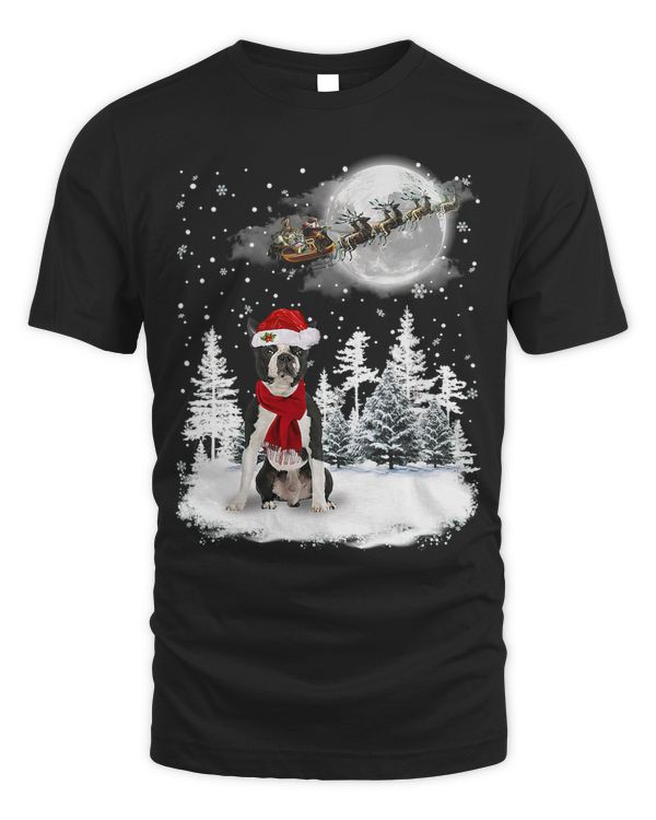 Boston Terrier Dog Under Moonlight Snow Christmas Pajama 3