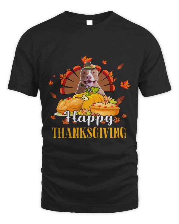Happy Thanksgiving Turkey Pit Bull Wearing Hat Fall Pumpkins