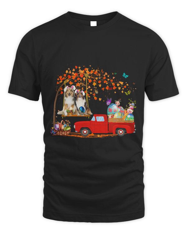 Shetland Sheepdog Wearing Bunny Ear Red Truck With Eggs