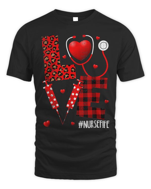 LOVE Stethoscope Nurse Life Valentines Day Leopard Plaid Red 216