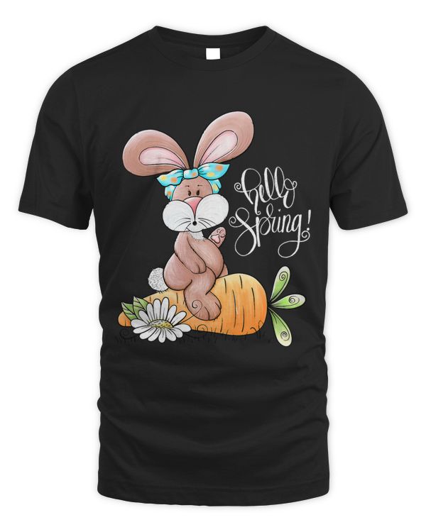Hello Spring Easter Bunny Rabbit Messy Bun Carrot Easter Day