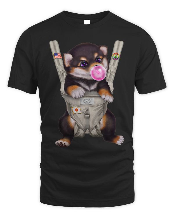 Black Tan Shiba Inu Dog in Baby Carrier with Bubble Gum