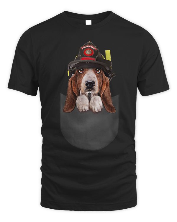 T Shirt Brave Basset Hound Dog Firefighter Helmet Pocket