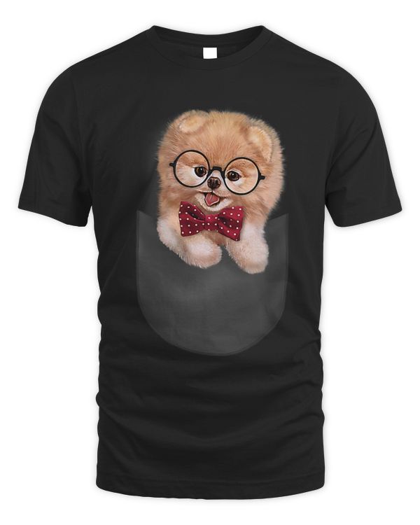 T Shirt Cream Pomeranian Nerd Glass Bow Tie Pocket Dog