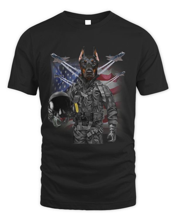 T Shirt Doberman Dog as Fighter Jet Pilot USA America