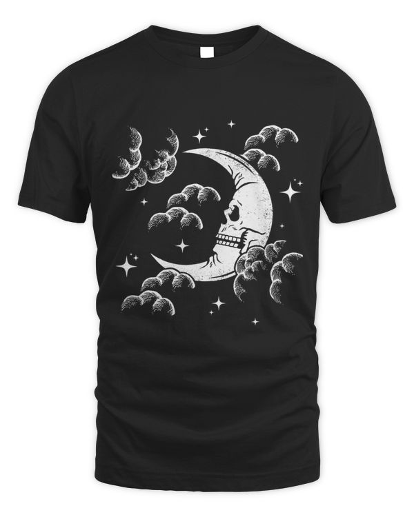 Astrology Crescent Skull Moon Night Sky w Clouds and Stars