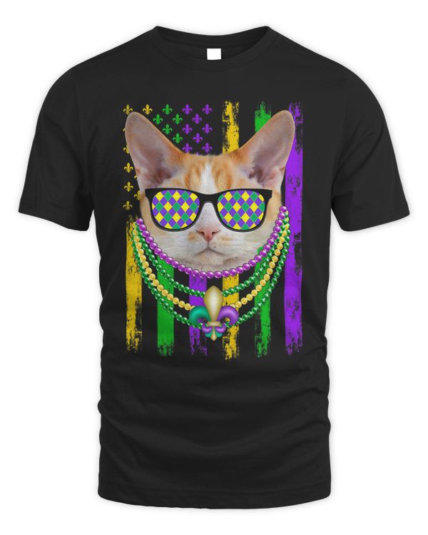 Cute Devon Rex Cat Lover American Flag Mardi Gras