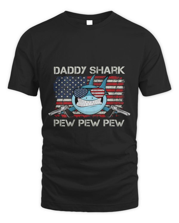 Daddy Shark Pew Pew Pistol Funny Mens Gun Joke (ON BACK)