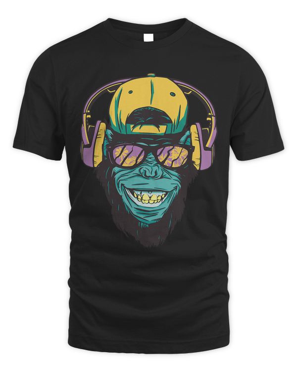 Funny Cartoon Chimpanzee Monkey With Headphones Sunglasses