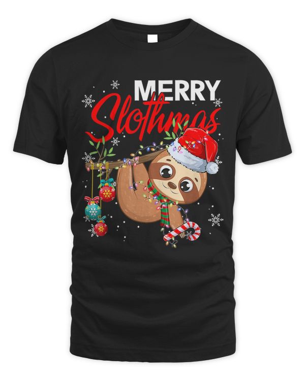 Merry Slothmas Funny Christmas Lights Santa Hat Pajama Retro 380