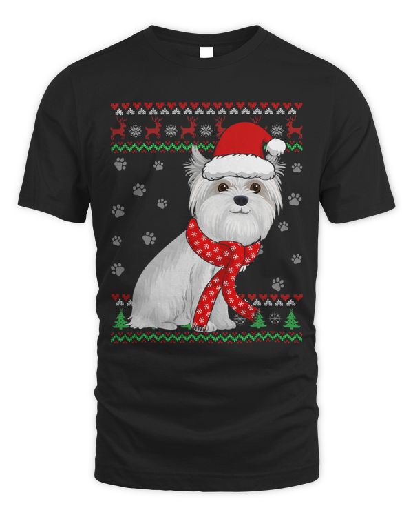 Cute Maltese Dog Ugly Christmas Sweater Santa Hat