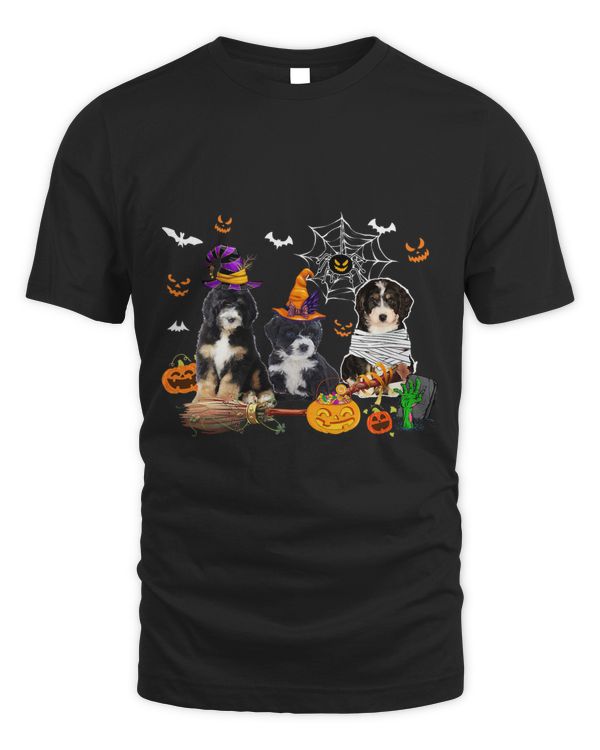 Three Bernedoodle Dogs Witch Halloween Mummy Scary Pumpkins