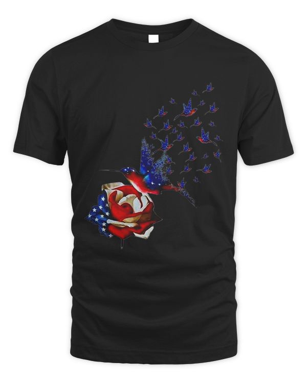 Hummingbirds Rose Flower American Flag Flying