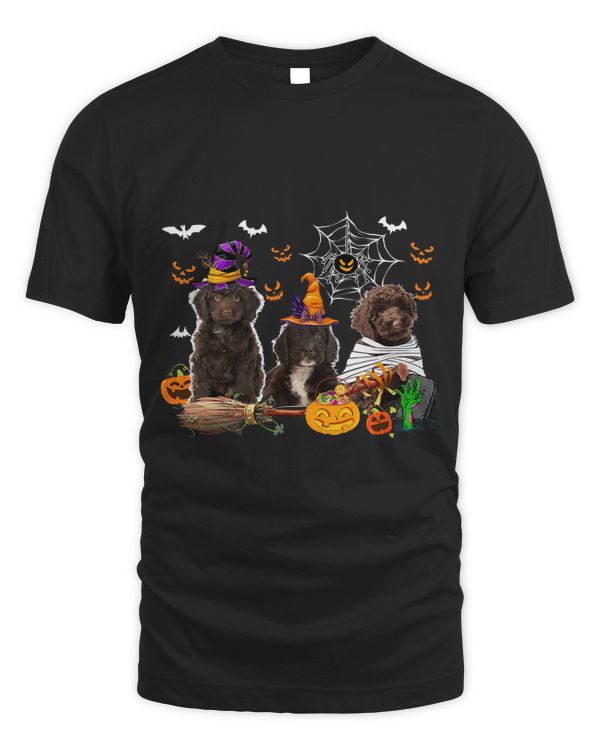 Three Sproodle Dogs Witch Halloween Mummy Scary Pumpkins